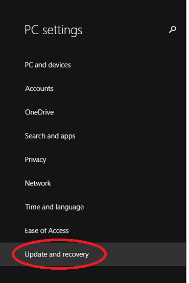 Windows 8 Backup Settings App with Update and Recovery Highlighted