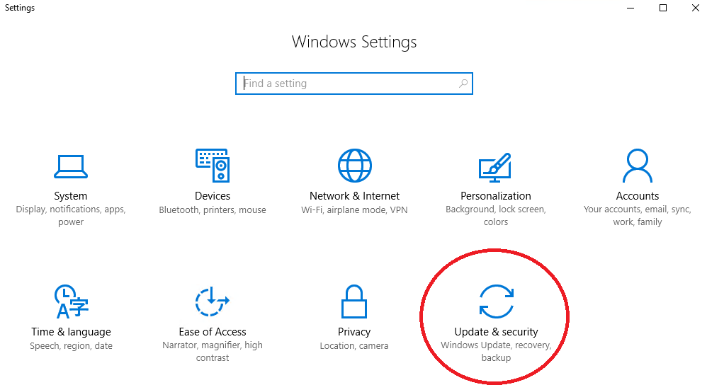 Image of Windows 10 Settings App Menu with the Update and Security Icon Highlighted