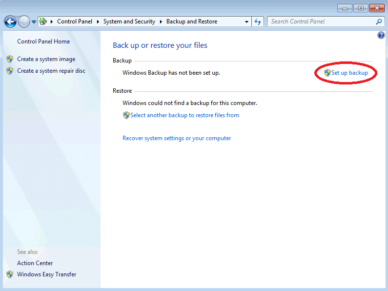 Image of Windows 7 Backup Control Panel Applet with Set Up Backup Option Highlighted
