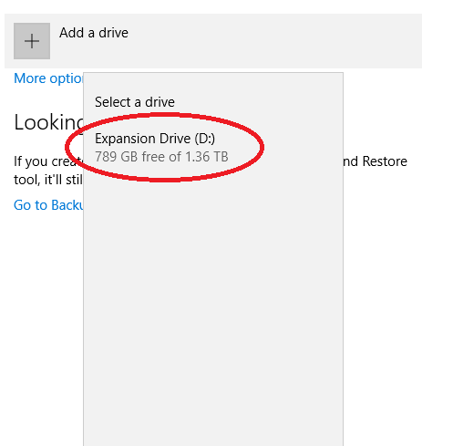 Image of Windows 10 Backup Add Drive Section Screen with the Drive to Select Highlighted